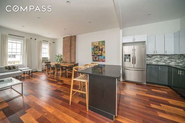 Dining room, Interior, Kitchen, Recessed Lighting, Stainless Steel Appliances, Wood Texture Flooring