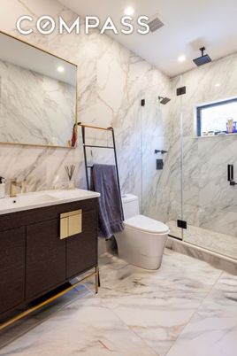 Bathroom, Glass Shower, Interior, Marble, Marble Walls, Recessed Lighting