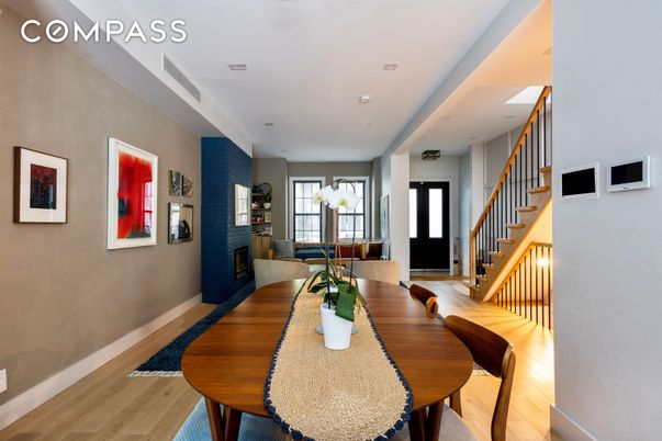 Dining room, Fireplace, Interior, Recessed Lighting, Wood Texture Flooring