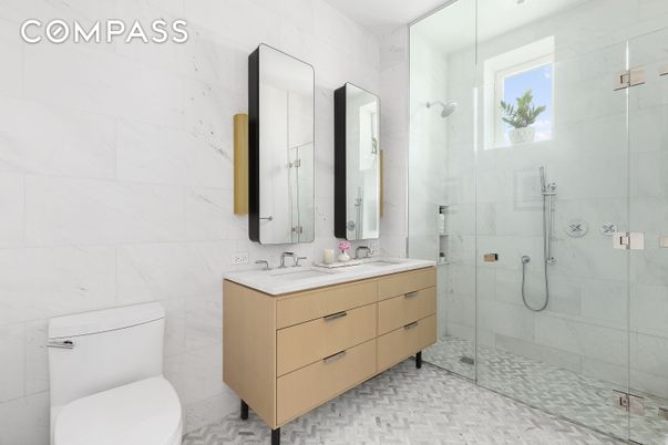 Bathroom, Dual Sink Vanities, Glass Shower, Interior, Marble, Marble Walls