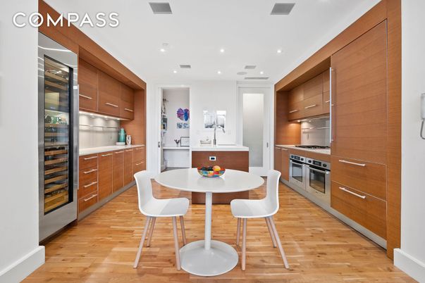 Dining room, Interior, Kitchen, Recessed Lighting, Stainless Steel Appliances, Wood Texture Flooring