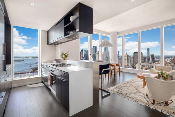 Interior, Kitchen, Pendant Lights, Recessed Lighting, Stainless Steel Appliances, Water, Wood Texture Flooring
