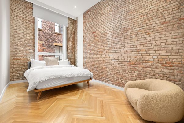 Bedroom, Interior, Recessed Lighting, Stone Walls, Wood Texture Flooring