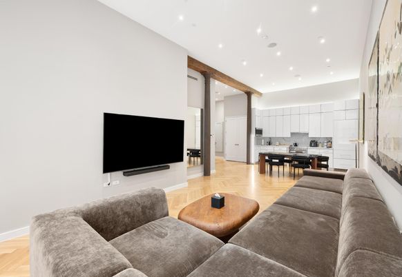 Dining room, Interior, Kitchen, Living room, Recessed Lighting, Wood Texture Flooring