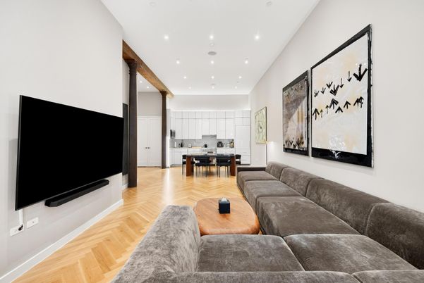 Dining room, Interior, Kitchen, Living room, Recessed Lighting, Wood Texture Flooring