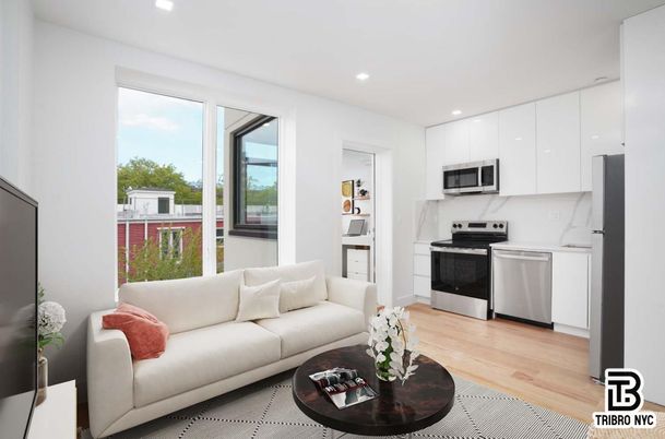 Interior, Kitchen, Living room, Marble Walls, Recessed Lighting, Stainless Steel Appliances, Wood Texture Flooring
