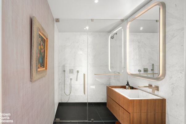 Bathroom, Glass Shower, Interior, Marble Walls, Recessed Lighting