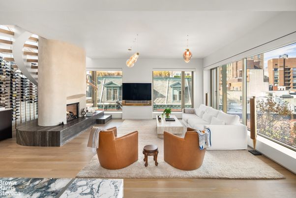 Fireplace, Interior, Living room, Pendant Lights, Wood Texture Flooring