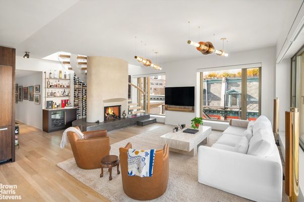 Fireplace, Interior, Living room, Pendant Lights, Wood Texture Flooring