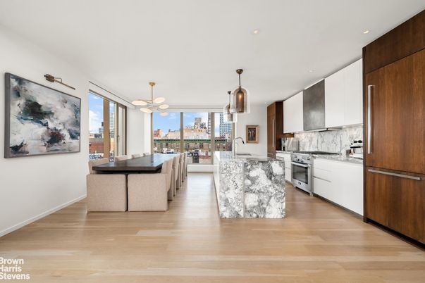 Dining room, Interior, Kitchen, Living room, Pendant Lights, Recessed Lighting, Stainless Steel Appliances, Wood Texture Flooring