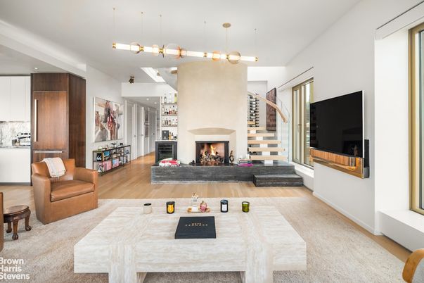 Fireplace, Interior, Living room, Pendant Lights, Wood Texture Flooring