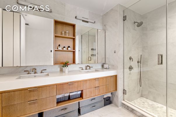 Bathroom, Dual Sink Vanities, Glass Shower, Interior, Marble Walls