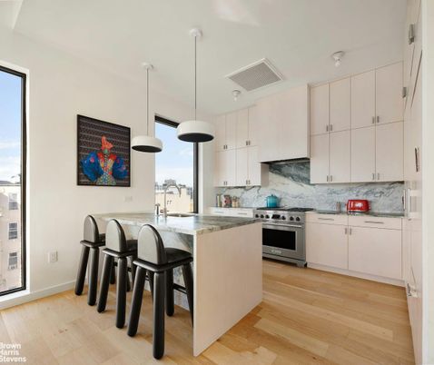 Interior, Kitchen, Marble Walls, Pendant Lights, Stainless Steel Appliances, Wood Texture Flooring