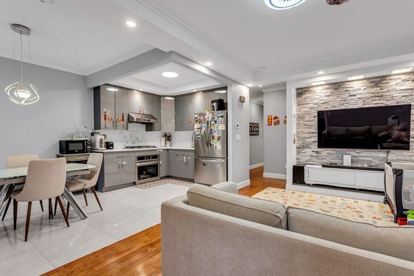 Dining room, Interior, Kitchen, Living room, Pendant Lights, Recessed Lighting, Stainless Steel Appliances, Stone Walls, Wood Texture Flooring