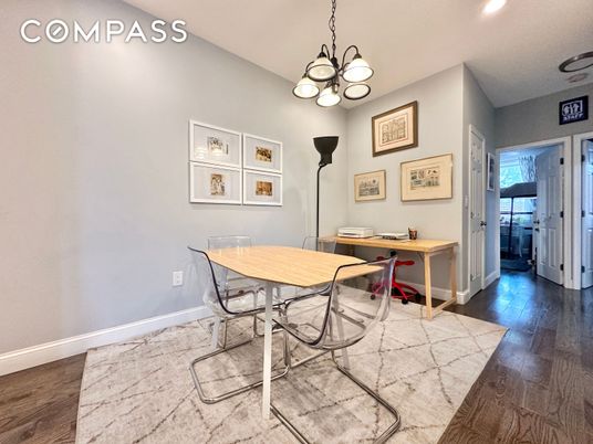 Chandelier, Home Office, Interior, Recessed Lighting, Wood Texture Flooring