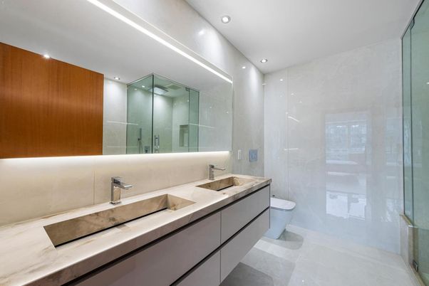 Bathroom, Dual Sink Vanities, Glass Shower, Interior, Recessed Lighting