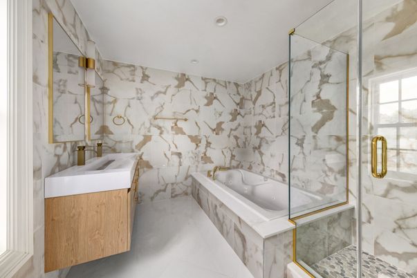 Bathroom, Glass Shower, Interior, Marble Walls, Recessed Lighting