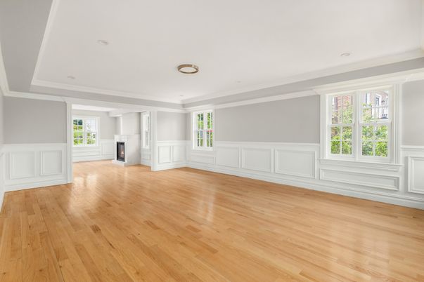 Empty room, Fireplace, Interior, Recessed Lighting, Wood Texture Flooring