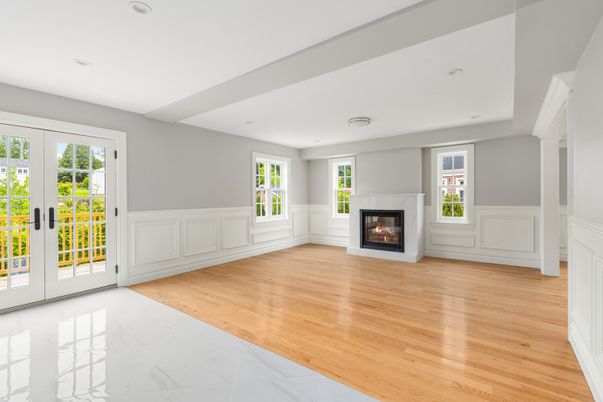 Empty room, Fireplace, Interior, Recessed Lighting, Wood Texture Flooring