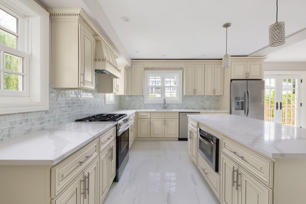 Interior, Kitchen, Marble, Pendant Lights, Recessed Lighting, Stainless Steel Appliances