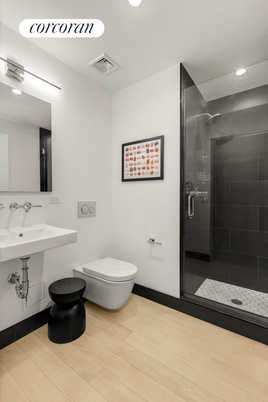 Bathroom, Glass Shower, Interior, Recessed Lighting, Wood Texture Flooring