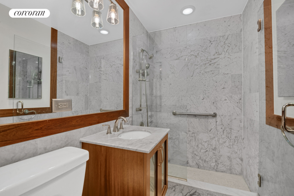 Bathroom, Glass Shower, Interior, Marble, Marble Walls, Recessed Lighting