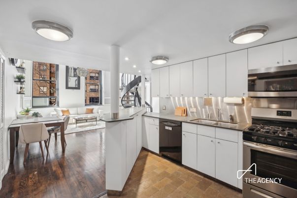 Dining room, Interior, Kitchen, Living room, Recessed Lighting, Stainless Steel Appliances, Wood Texture Flooring