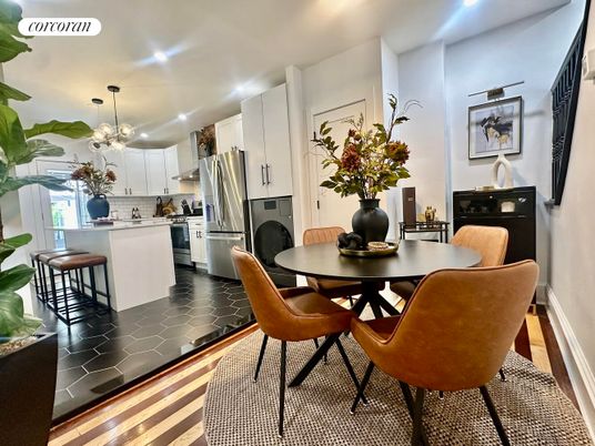 Dining room, Interior, Kitchen, Pendant Lights, Recessed Lighting, Stainless Steel Appliances, Wood Texture Flooring