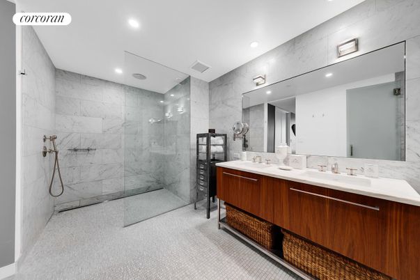 Bathroom, Dual Sink Vanities, Glass Shower, Interior, Marble Walls, Recessed Lighting