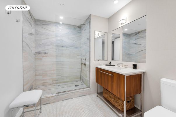 Bathroom, Glass Shower, Interior, Marble Walls, Recessed Lighting