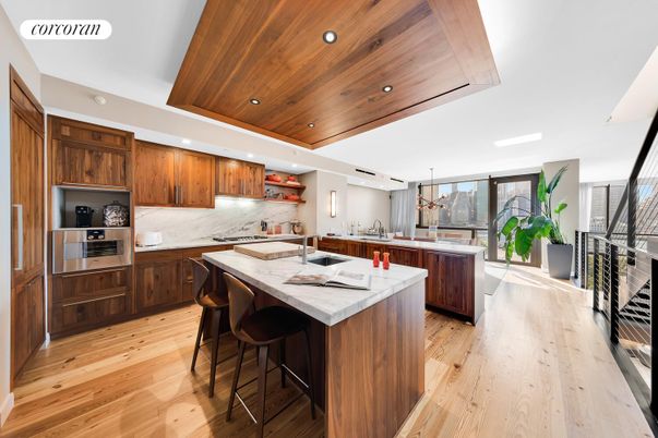 Interior, Kitchen, Marble Walls, Recessed Lighting, Stainless Steel Appliances, Wooden Ceilings, Wood Texture Flooring