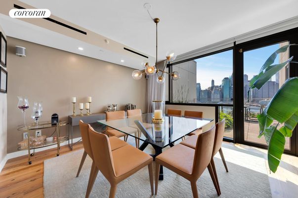 Dining room, Interior, Pendant Lights, Recessed Lighting, Wood Texture Flooring
