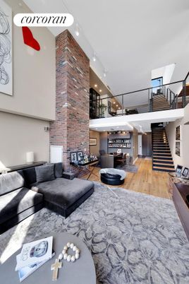 Fireplace, Interior, Living room, Recessed Lighting, Stone Walls, Wood Texture Flooring