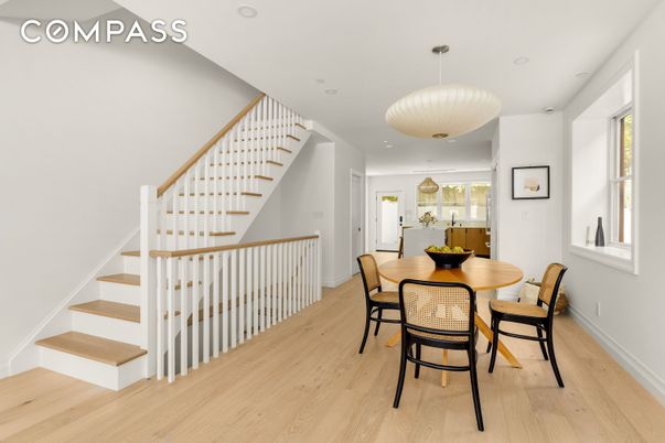 Dining room, Interior, Pendant Lights, Recessed Lighting, Wood Texture Flooring