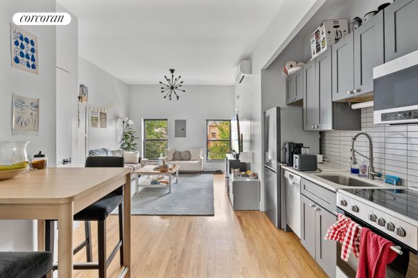 Dining room, Interior, Kitchen, Living room, Pendant Lights, Stainless Steel Appliances, Wood Texture Flooring