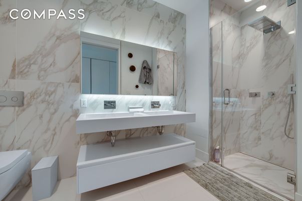 Bathroom, Glass Shower, Interior, Marble Walls, Recessed Lighting