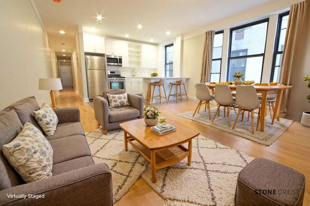 Dining room, Interior, Kitchen, Living room, Recessed Lighting, Stainless Steel Appliances, Wood Texture Flooring
