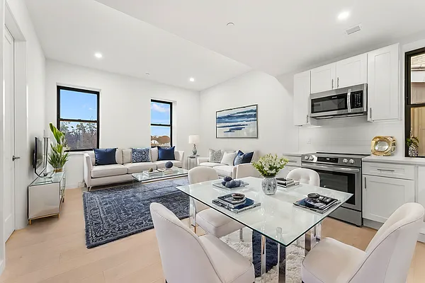 Dining room, Interior, Kitchen, Living room, Recessed Lighting, Stainless Steel Appliances, Wood Texture Flooring