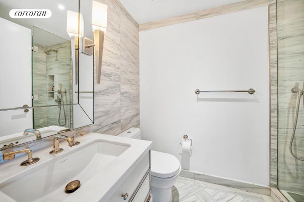 Bathroom, Glass Shower, Interior, Marble, Marble Walls, Recessed Lighting