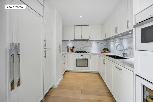 Interior, Kitchen, Marble Walls, Recessed Lighting, Wood Texture Flooring
