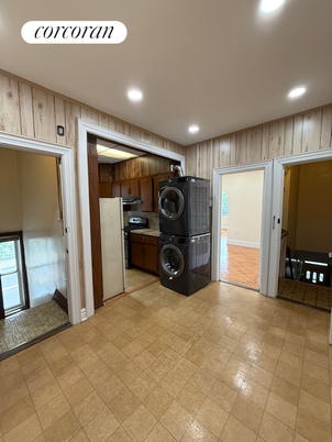 Interior, Kitchen, Recessed Lighting, Washer, Wooden Walls