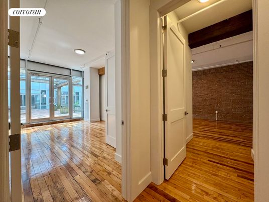 Empty room, Interior, Recessed Lighting, Stone Walls, Wood Texture Flooring
