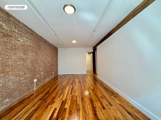 Empty room, Interior, Recessed Lighting, Stone Walls, Wood Texture Flooring