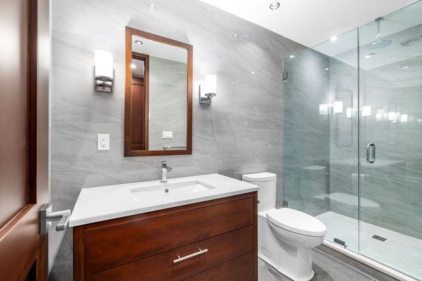 Bathroom, Glass Shower, Interior, Marble Walls, Recessed Lighting