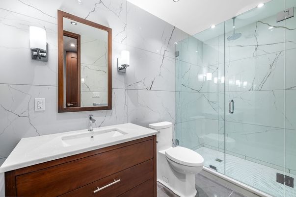 Bathroom, Glass Shower, Interior, Marble Walls, Recessed Lighting