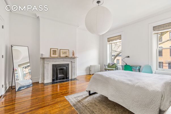 Bedroom, Fireplace, Interior, Pendant Lights, Wood Texture Flooring
