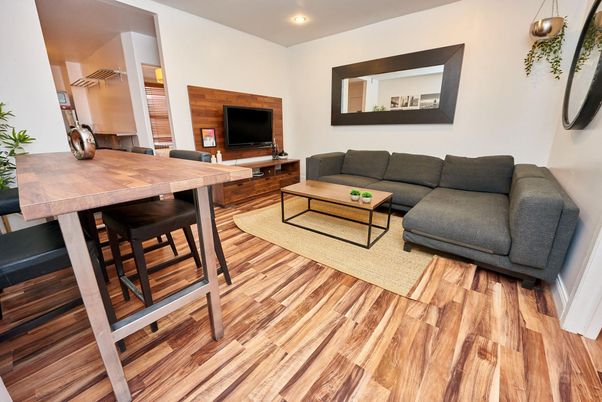 Dining room, Interior, Living room, Recessed Lighting, Wood Texture Flooring