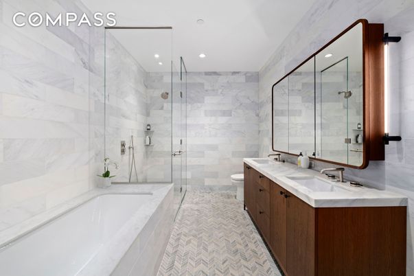 Bathroom, Dual Sink Vanities, Glass Shower, Interior, Marble Walls, Recessed Lighting