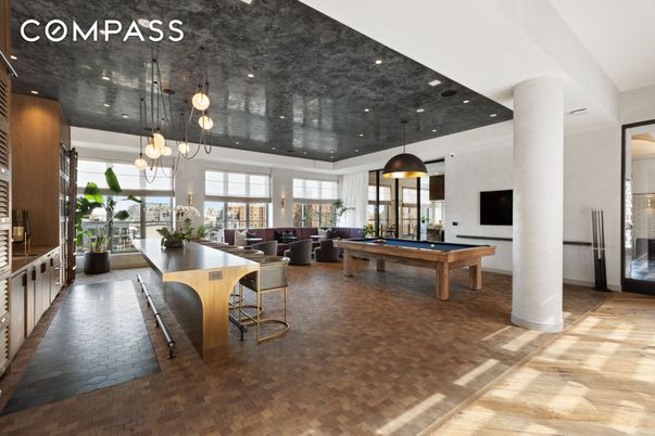 Billiard Table, Dining room, Game Room, Interior, Pendant Lights, Recessed Lighting, Wood Texture Flooring