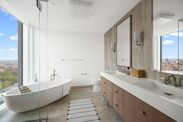 Bathroom, Dual Sink Vanities, Free Standing Baths, Interior, Wood Texture Flooring